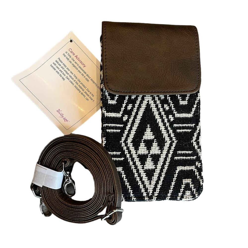 NEW Thirty One Call Me CROSSBODY Bag Purse Rio Weave Black White Saddle Brown